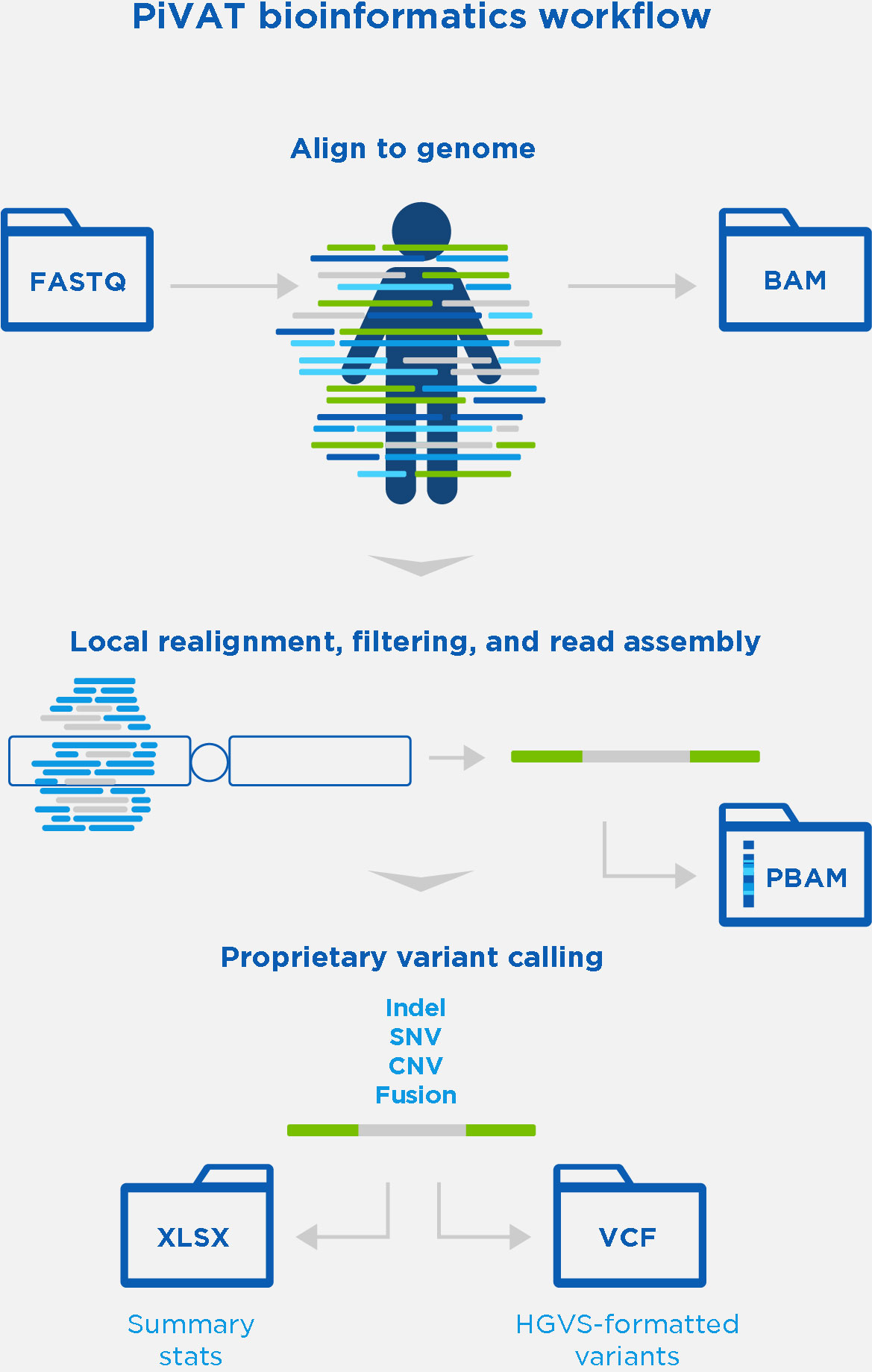 Pillar Biosciences PiVAT bioinformatics worfklow: 1) Align to genome, 2) Local realignment, filtering, and read assembly, 3) Proprietary variant calling
